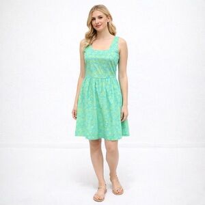 🌻Garnet Hill Green & Blue Floral Fit & Flare Cotton Sleeveless Dress Size 6